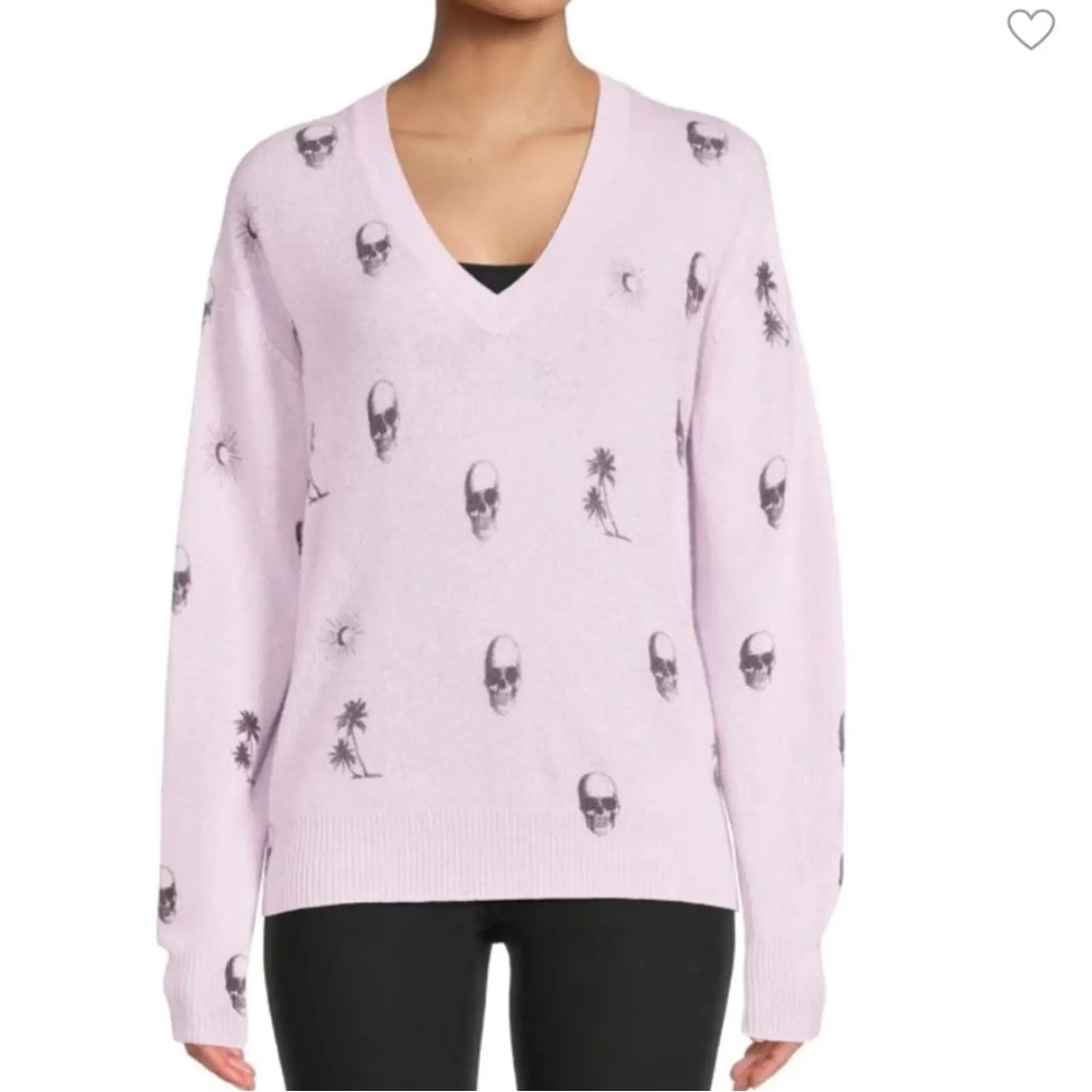 360 Cashmere Sol Sweater V Neck 100% Luxury Knit Skull Print Y2K Purple Black